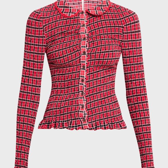 FREE PEOPLE Stretch Ruched Blouse Red & Black, M - Picture 2 of 9
